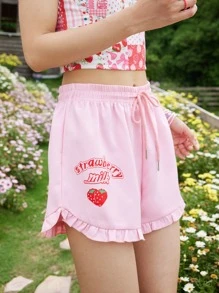 ROMWE Kawaii Letter Strawberry Graphic Frill Drawstring Shorts - Baby Pink - View 4
