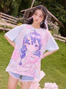 ROMWE Anime Cartoon Figure Graphic Tee - Baby Blue - View 1