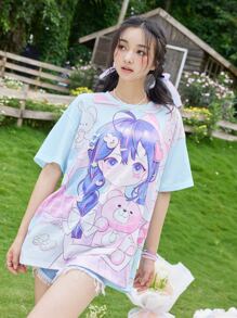 ROMWE Anime Cartoon Figure Graphic Tee - Baby Blue - View 3