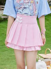 ROMWE Kawaii 前蝴蝶結百褶半身裙 - 粉色 - 查看 3