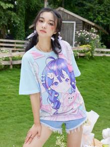 ROMWE Anime Cartoon Figure Graphic Tee - Baby Blue - View 4