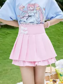 ROMWE Kawaii 前蝴蝶結百褶半身裙 - 粉色 - 查看 5