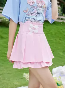 ROMWE Kawaii 前蝴蝶結百褶半身裙 - 粉色 - 查看 6