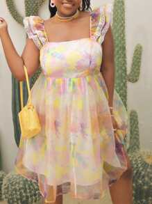 Plus Tie Dye Ruffle Trim Contrast Lace Shirred Organza Dress - Multicolor - View 1