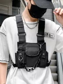 Men Chain Decor Chest Rig Bag Sling Bag - Black - View 1