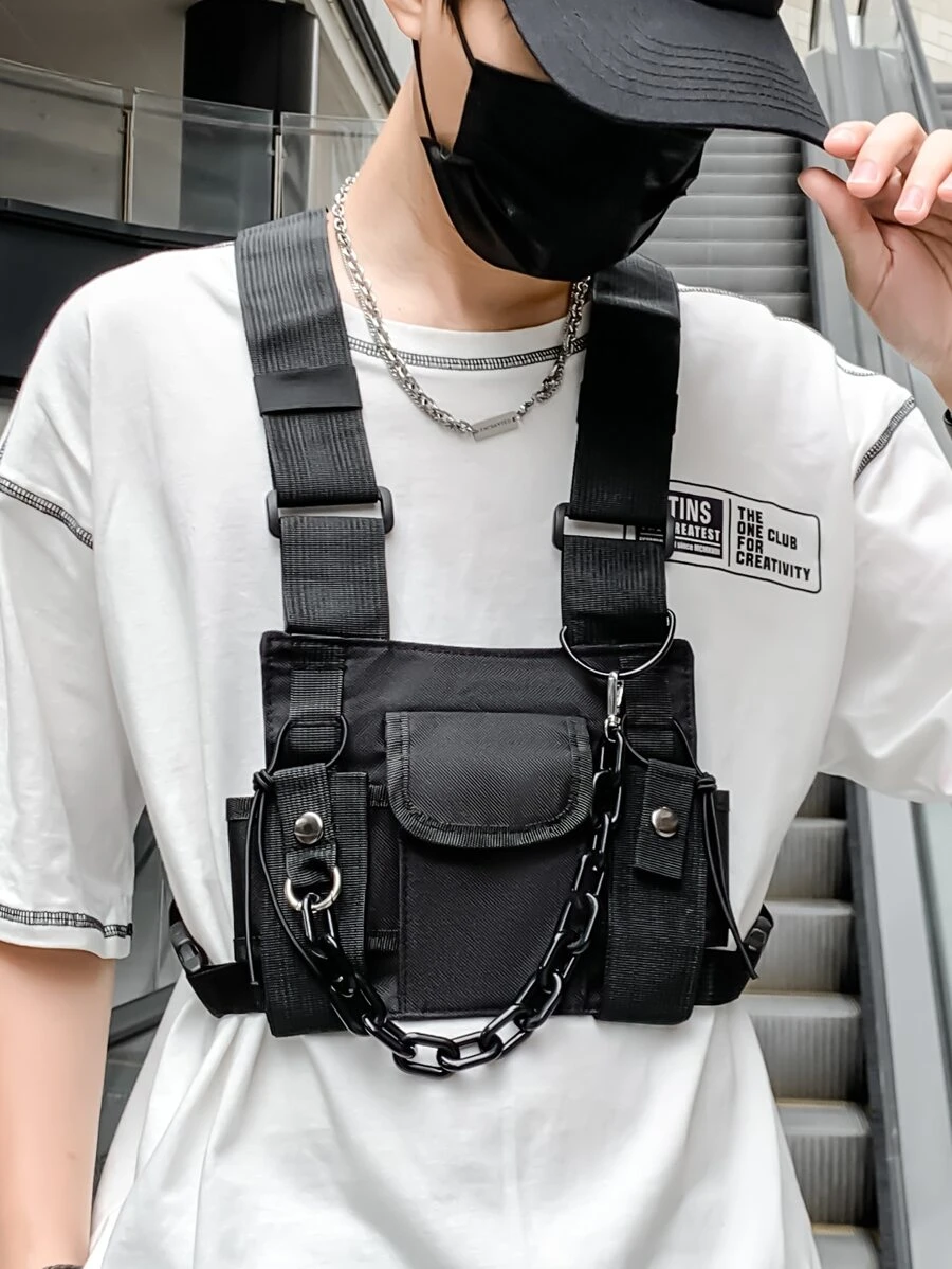 Men Chain Decor Chest Rig Bag Sling Bag - Black - View 1