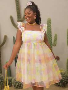 Plus Tie Dye Ruffle Trim Contrast Lace Shirred Organza Dress - Multicolor - View 4