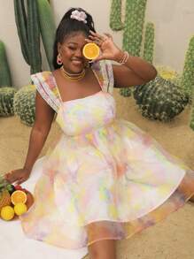 Plus Tie Dye Ruffle Trim Contrast Lace Shirred Organza Dress - Multicolor - View 5