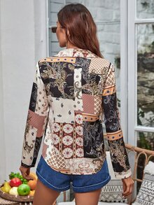 SHEIN Unity 色塊拼接圖案前紐扣襯衫 - 彩色 - 查看 2