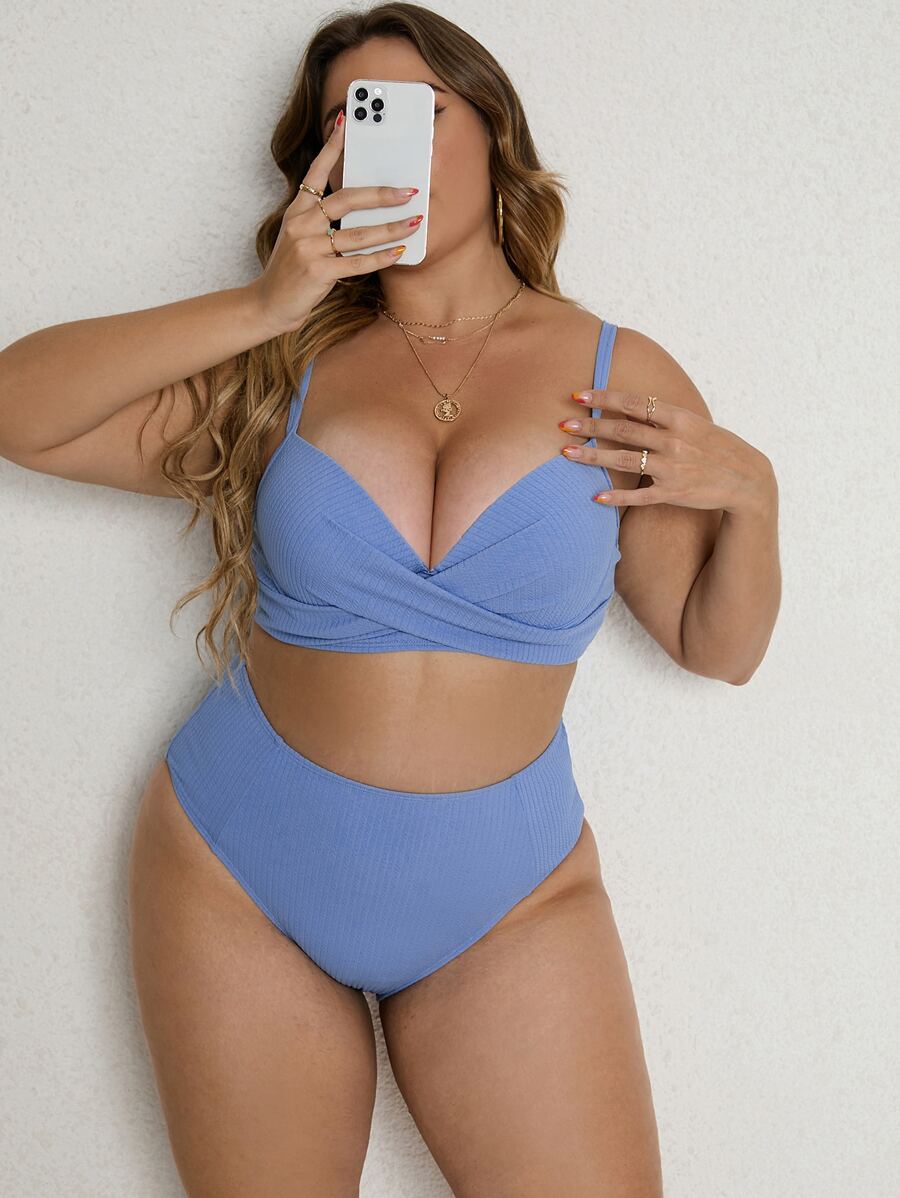 SHEIN Swim Curve Plus Size Ribbed Bikini Set Underwire Wrap Cross Push Up High Waisted Bikini Set 2 Pieces Bathing Suit Summer Beach - Dusty Blue - View 1