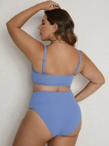 SHEIN Swim Curve Plus Size Ribbed Bikini Set Underwire Wrap Cross Push Up High Waisted Bikini Set 2 Pieces Bathing Suit Summer Beach - Dusty Blue - View 2
