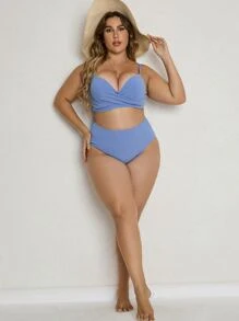 SHEIN Swim Curve Plus Size Ribbed Bikini Set Underwire Wrap Cross Push Up High Waisted Bikini Set 2 Pieces Bathing Suit Summer Beach - Dusty Blue - View 3