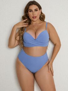SHEIN Swim Curve Plus Size Ribbed Bikini Set Underwire Wrap Cross Push Up High Waisted Bikini Set 2 Pieces Bathing Suit Summer Beach - Dusty Blue - View 4
