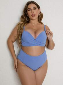SHEIN Swim Curve Plus Size Ribbed Bikini Set Underwire Wrap Cross Push Up High Waisted Bikini Set 2 Pieces Bathing Suit Summer Beach - Dusty Blue - View 5