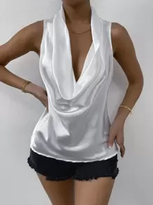 Firerie 纯色垂领缎面衬衫、无袖上衣