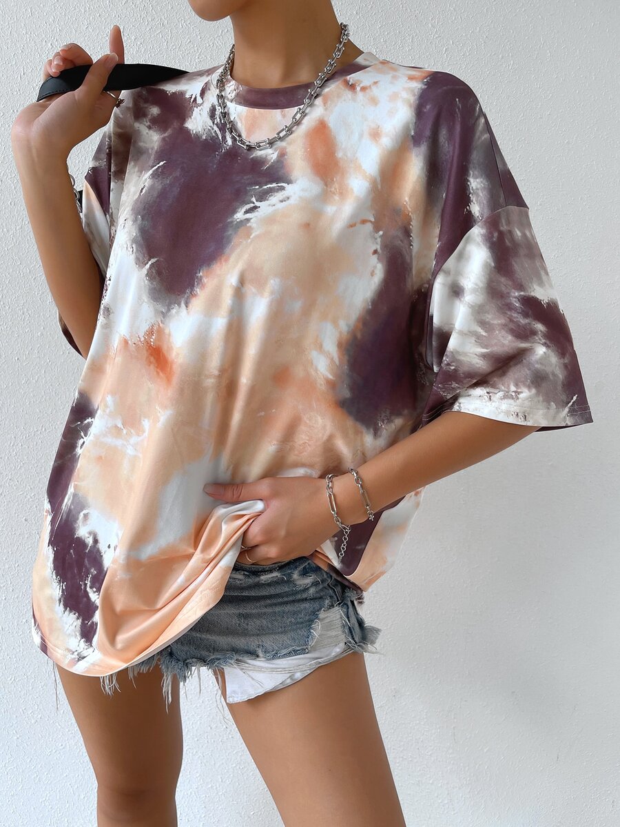 Slogan Graphic Tie Dye Drop Shoulder Tee - Multicolor - View 1