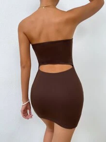 SHEIN Essnce Rib-knit Cut Out Tube Bodycon Dress - Coffee Brown - View 2