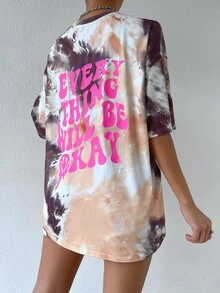 Slogan Graphic Tie Dye Drop Shoulder Tee - Multicolor - View 2