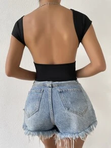 SHEIN ICON Solid Dolman Sleeve Backless Tee - Black - View 5