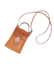 迷你鱷魚壓紋金屬鎖翻蓋方包 - 棕色 - 查看 3