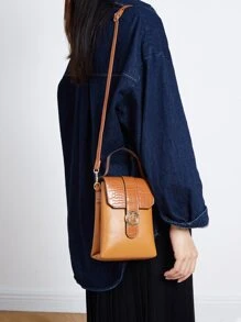 迷你鱷魚壓紋金屬鎖翻蓋方包 - 棕色 - 查看 6