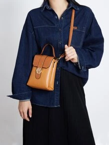 迷你鱷魚壓紋金屬鎖翻蓋方包 - 棕色 - 查看 7