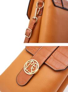 迷你鱷魚壓紋金屬鎖翻蓋方包 - 棕色 - 查看 8