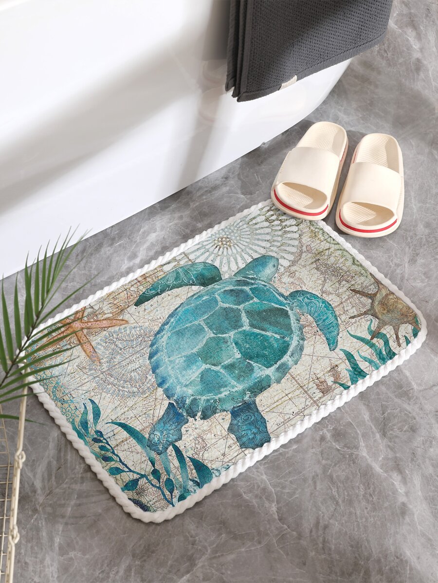 Sea Turtle Print Bath Rug, Modern Polyester Bath Mat For Bathroom