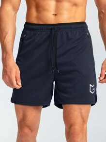 G Gradual Men Graphic Print Drawstring Waist Zipper Pocket Sports Shorts - Navy Blue - View 7