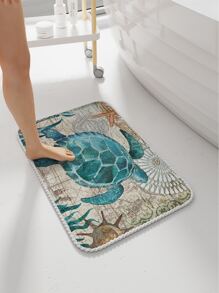 Sea Turtle Print Bath Rug, Modern Polyester Bath Mat For Bathroom