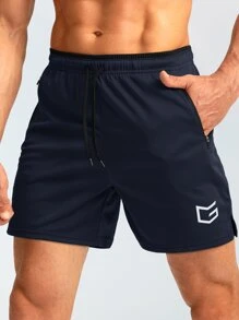 G Gradual Men Graphic Print Drawstring Waist Zipper Pocket Sports Shorts - Navy Blue - View 1