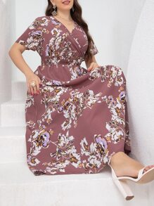 Mulvari 大碼印花腰部打褶交叉領連衣裙 - 藕粉色 - 查看 4