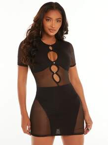 SHEIN SXY Cut Out Button Front Mesh Bodycon Dress - Black - View 4