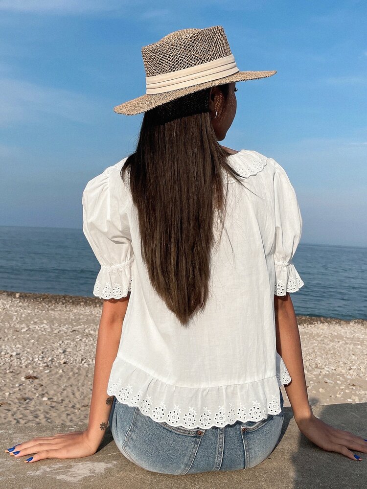 Eyelet Embroidery Scallop Trim Puff Sleeve Knot Front Blouse