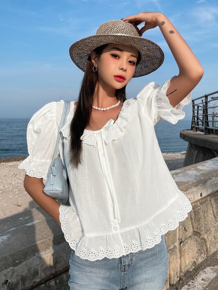 Eyelet Embroidery Scallop Trim Puff Sleeve Knot Front Blouse