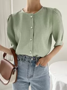 DAZY 肥皂泡袖鬆緊紋襯衫 - 薄荷綠 - 查看 5