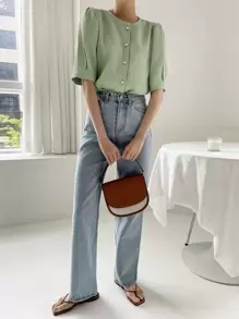 DAZY 肥皂泡袖鬆緊紋襯衫 - 薄荷綠 - 查看 6