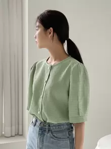 DAZY 肥皂泡袖鬆緊紋襯衫 - 薄荷綠 - 查看 7