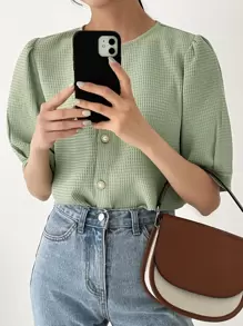 DAZY 肥皂泡袖鬆緊紋襯衫 - 薄荷綠 - 查看 8