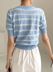DAZY Top con patrón de rayas de punto de malla - Azul - Ver 2