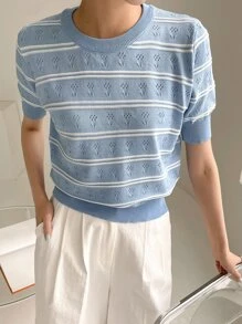 DAZY Top con patrón de rayas de punto de malla - Azul - Ver 5