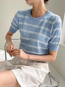 DAZY Top con patrón de rayas de punto de malla - Azul - Ver 8