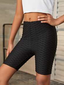 SHEIN 女孩蜂窩紋理騎行褲 - 黑色 - 查看 1