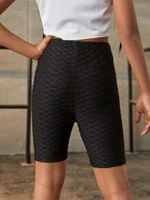 SHEIN 女孩蜂窩紋理騎行褲 - 黑色 - 查看 2