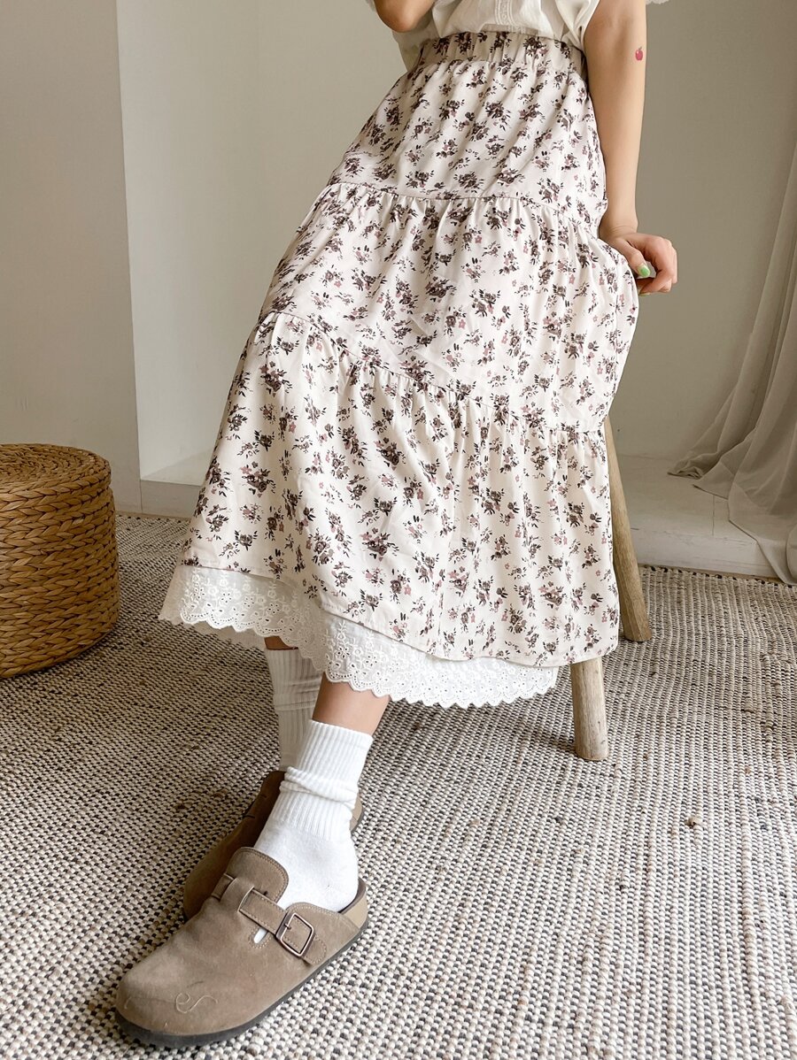 DAZY 碎花镂空刺绣荷叶边裙 - 彩色 - 查看 1