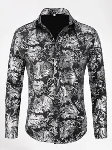 CLOUDSTYLE Hombres Camisa con estampado de voluta - Blanco y Negro - Ver 1