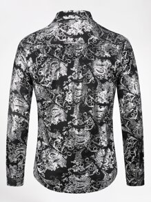 CLOUDSTYLE Hombres Camisa con estampado de voluta - Blanco y Negro - Ver 2