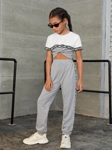 SHEIN Girls Contrast Letter Tape Colourblock Tie Front Tee & Joggers - Multicolor - View 1