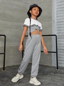 SHEIN Girls Contrast Letter Tape Colourblock Tie Front Tee & Joggers - Multicolor - View 4