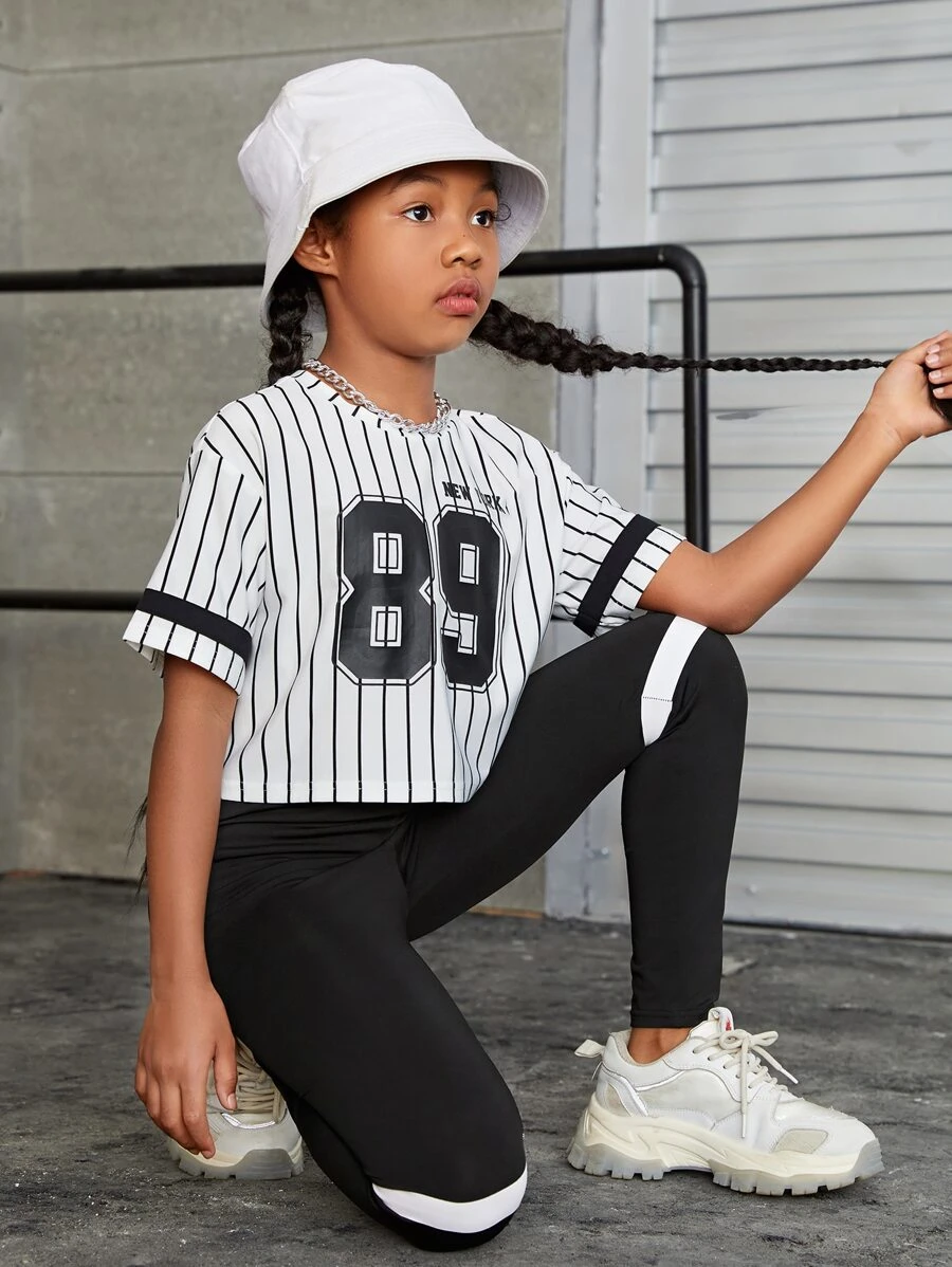 SHEIN Girls Striped & Letter Graphic Tee & Colourblock Leggings - Black and White - View 1